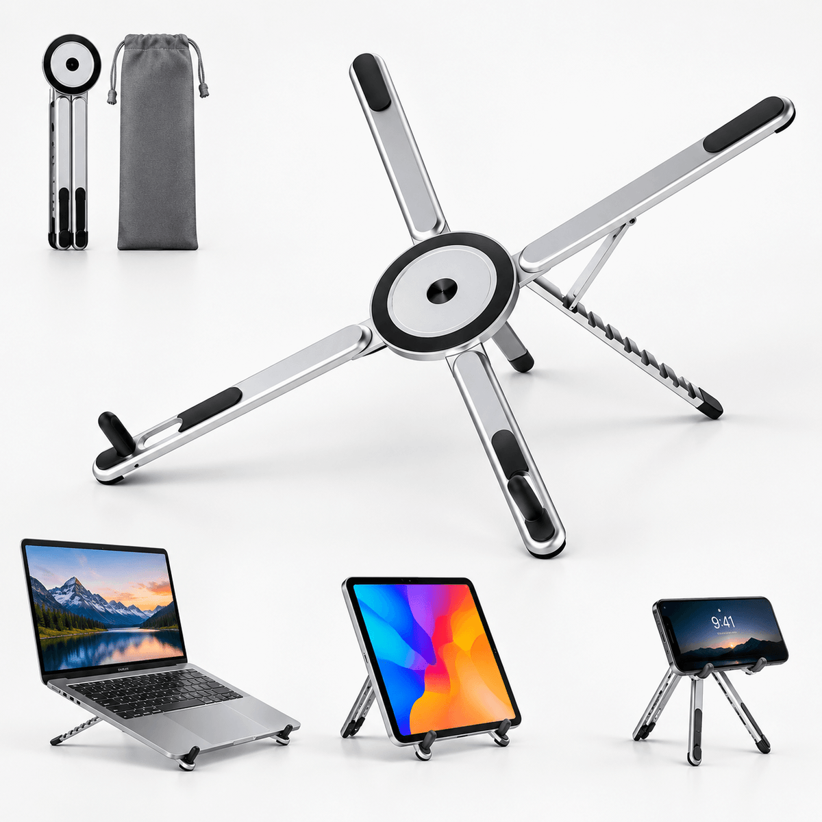 Foldable Laptop Stand | Adjustable Aluminum Riser with Magnetic Phone Holder